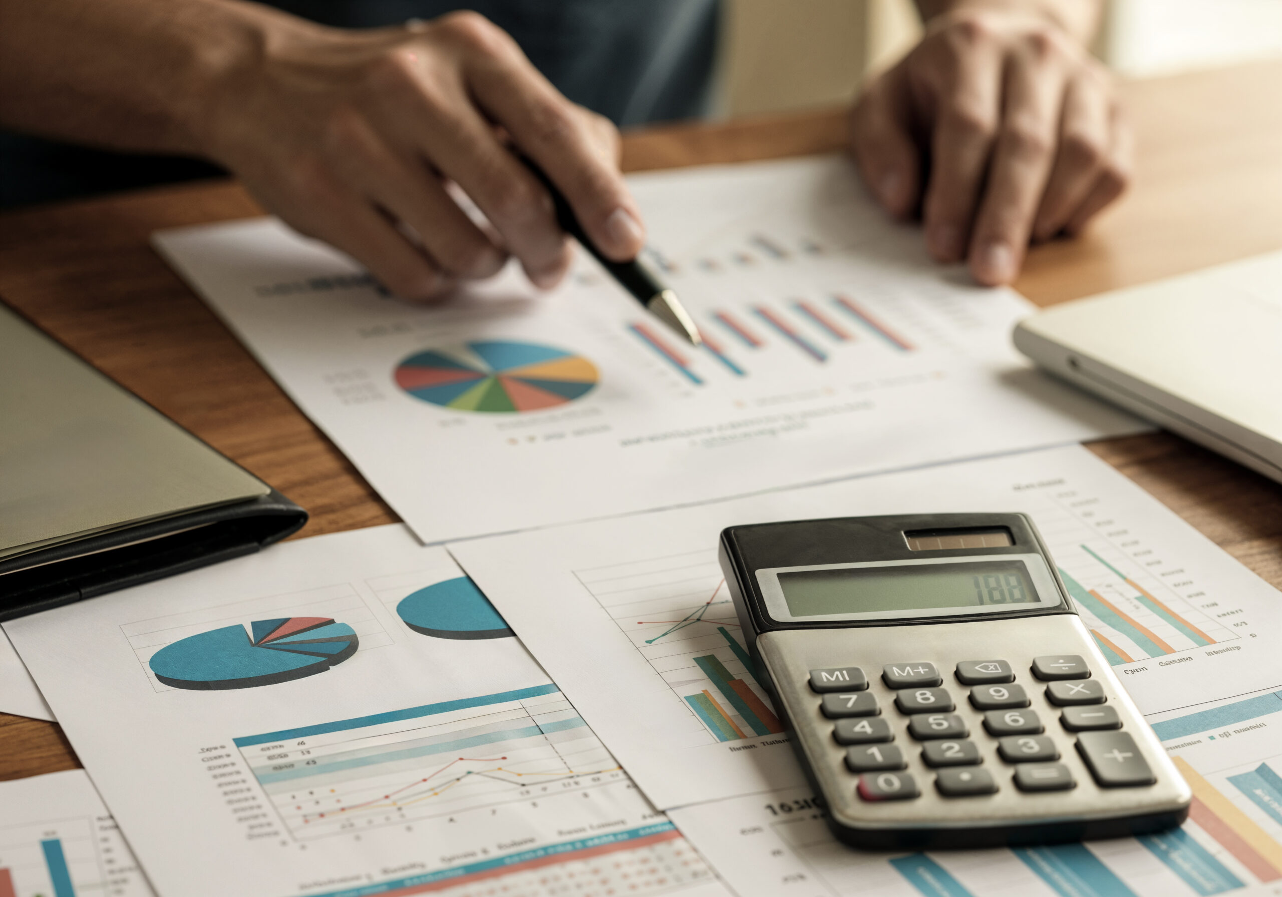 Pessoa analisando relatórios financeiros com gráficos de barras e pizza, utilizando uma calculadora e apontando indicadores em documentos sobre a mesa, representando planejamento tributário, análise financeira e gestão contábil.
