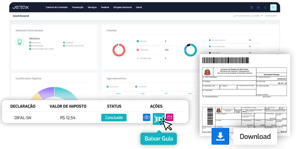 Download de guia DIFAL-SN com status concluído no sistema fiscal