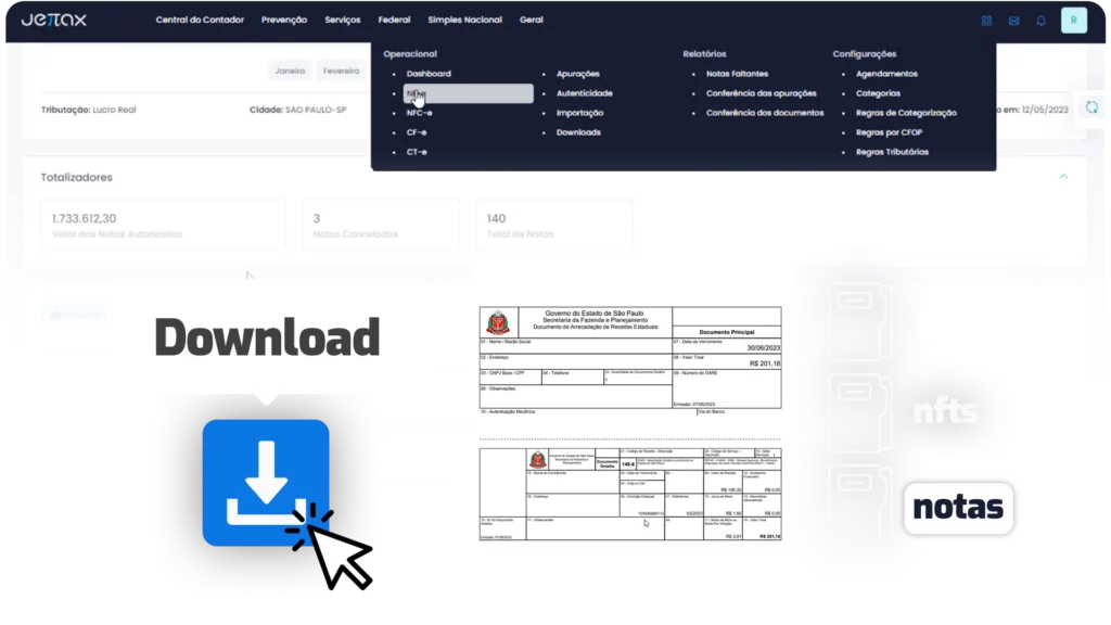 Tela de download de notas fiscais em sistema fiscal