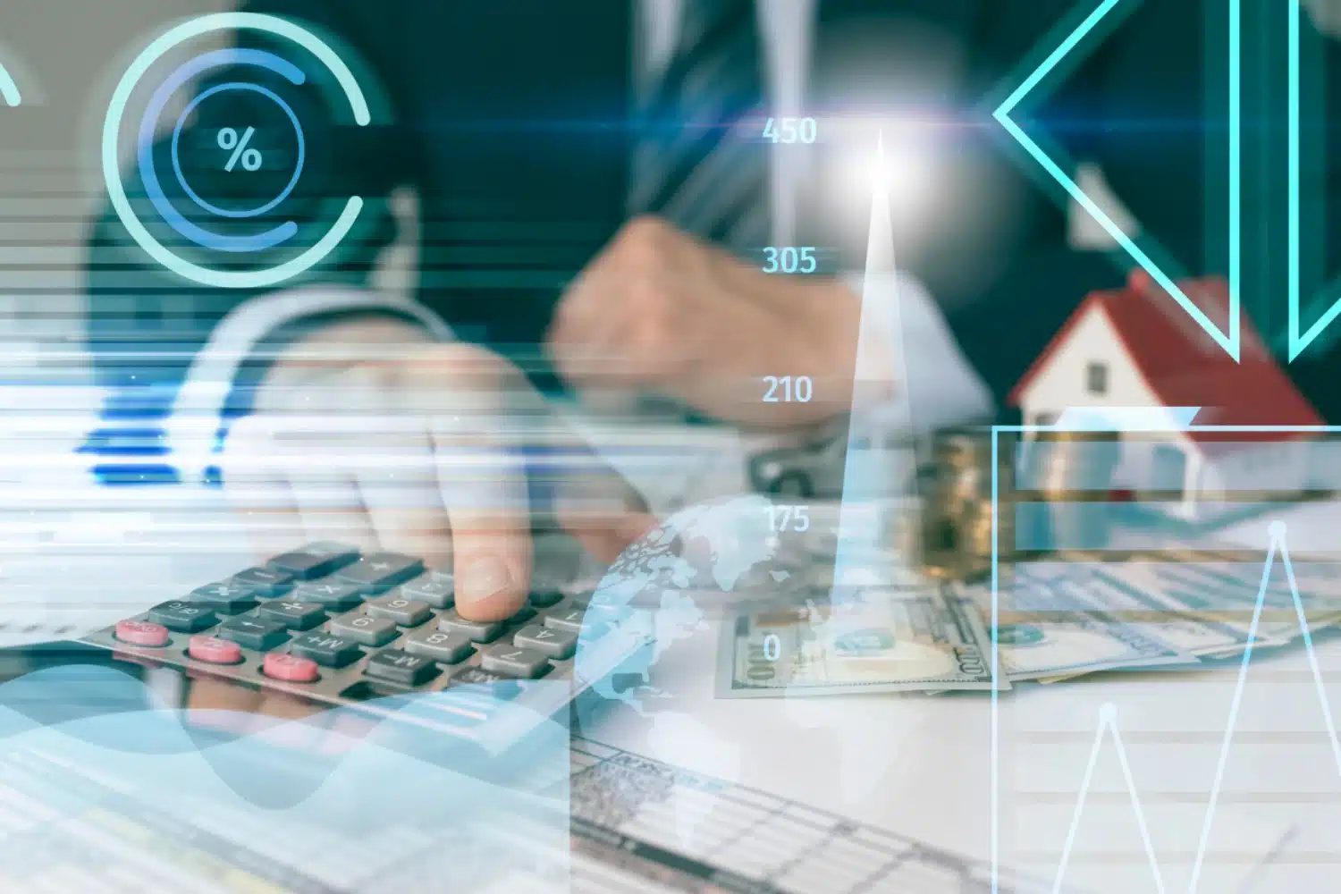 Profissional utilizando calculadora ao lado de documentos financeiros, representando a aplicação do regime de competência na contabilidade empresarial.