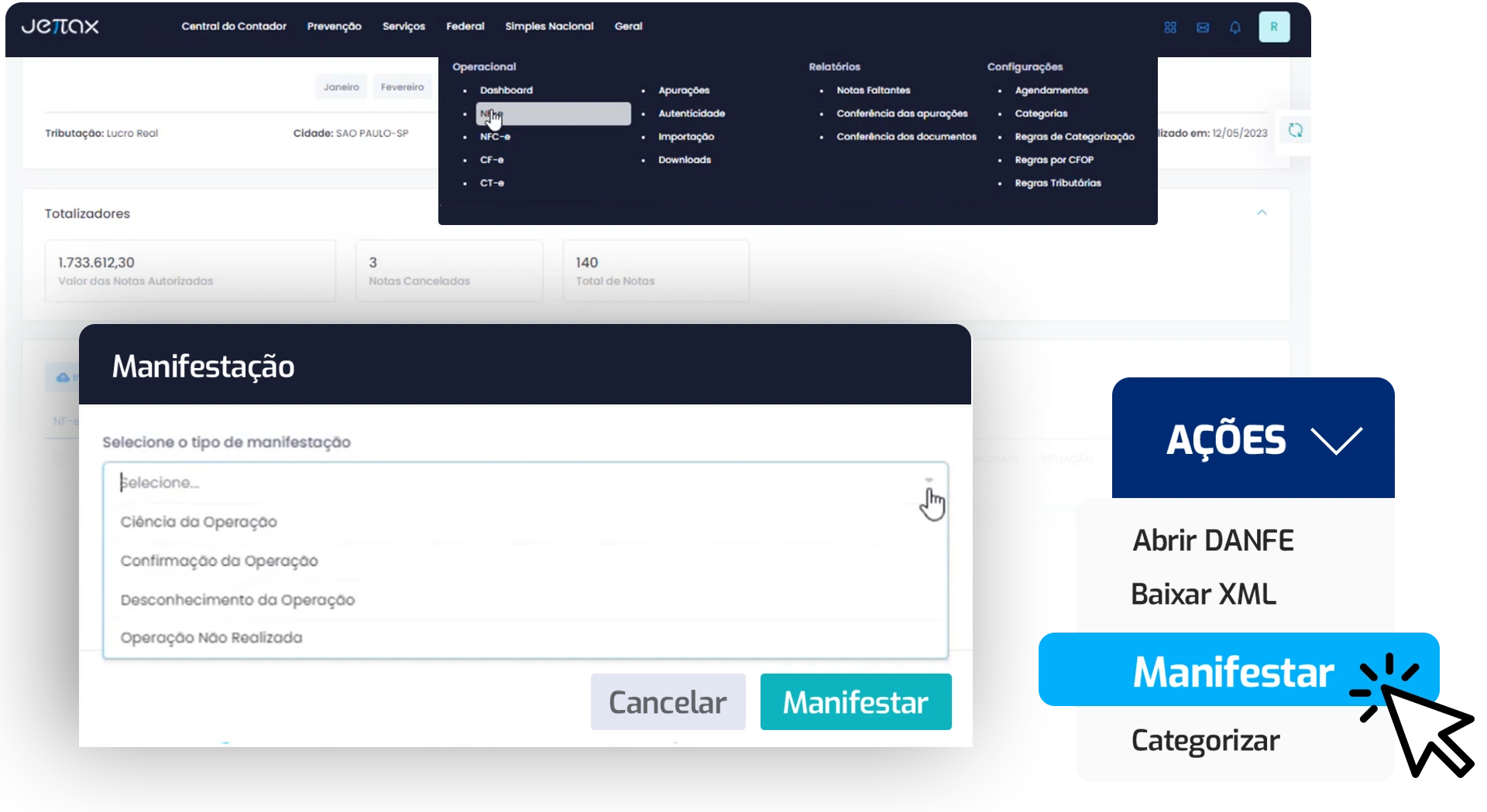 Tela do Módulo Federal da Jettax - Buscador de notas fiscais, destacando a manifestação de NF-e com opções para abrir DANFE, baixar XML, manifestar e categorizar.