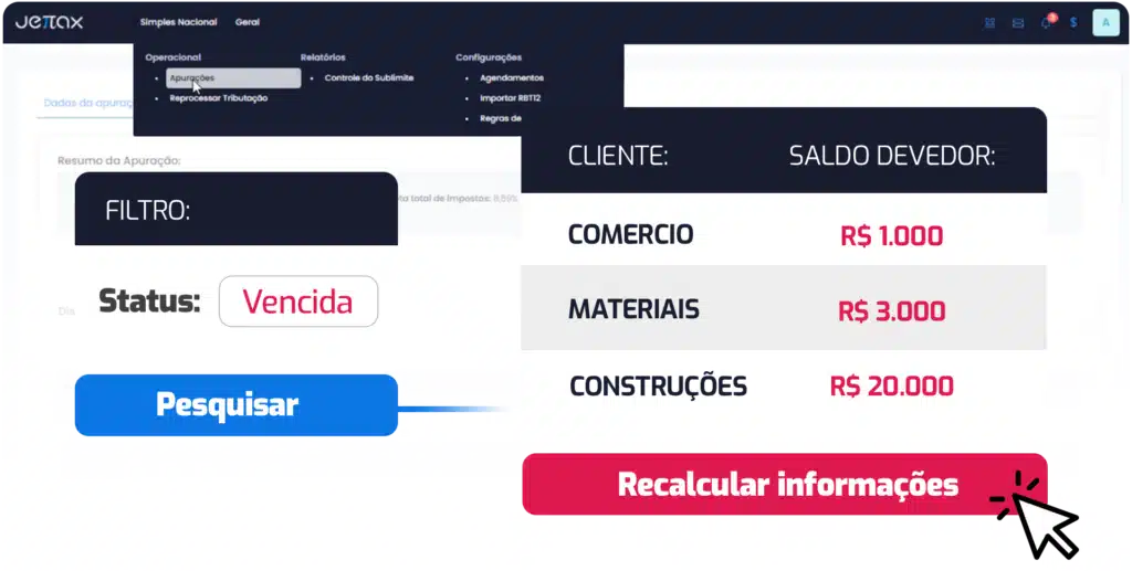 Tela de sistema com botão para recalcular informações fiscais