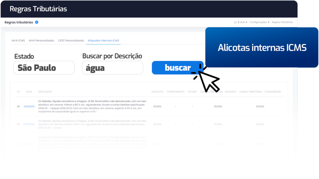 Tela de regras tributárias com busca por estado e descrição