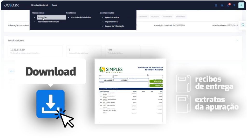 Imagem promocional com uma tela do sistema Jettax ao fundo, destacando a função de download no Módulo Simples Nacional. À esquerda, aparece o texto “Download” s