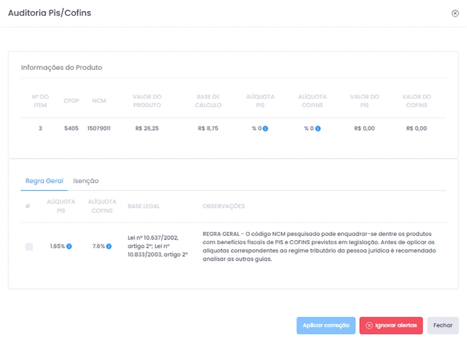 Jettax com auditoria de PIS e COFINS Tela de auditoria PIS/COFINS do Módulo Federal da Jettax, mostrando informações do produto, alíquotas, base legal e opções para aplicar correção ou ignorar alertas.