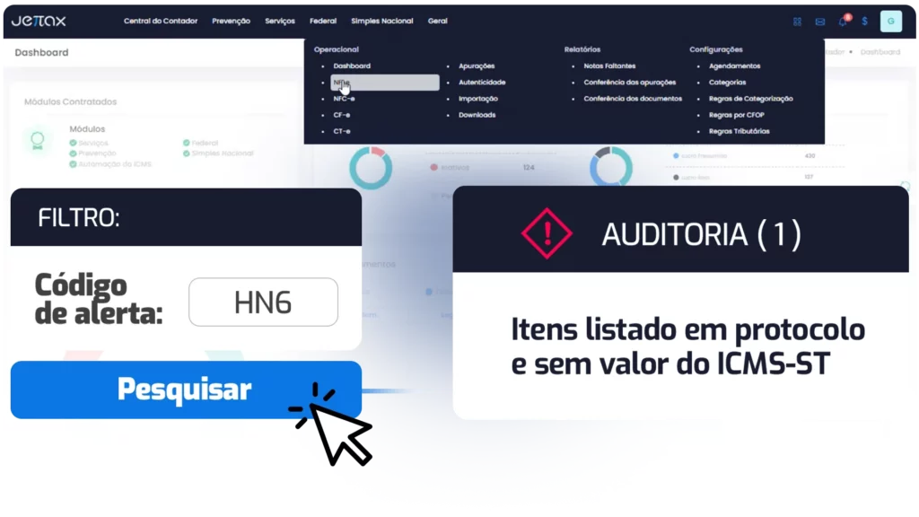 Tela da Jettax com auditoria de itens listados em protocolo fiscal