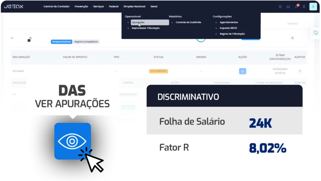 Imagem promocional com uma tela do sistema Jettax ao fundo, destacando a visualização de apurações do DAS no Módulo Simples Nacional. À esquerda, aparece o text
