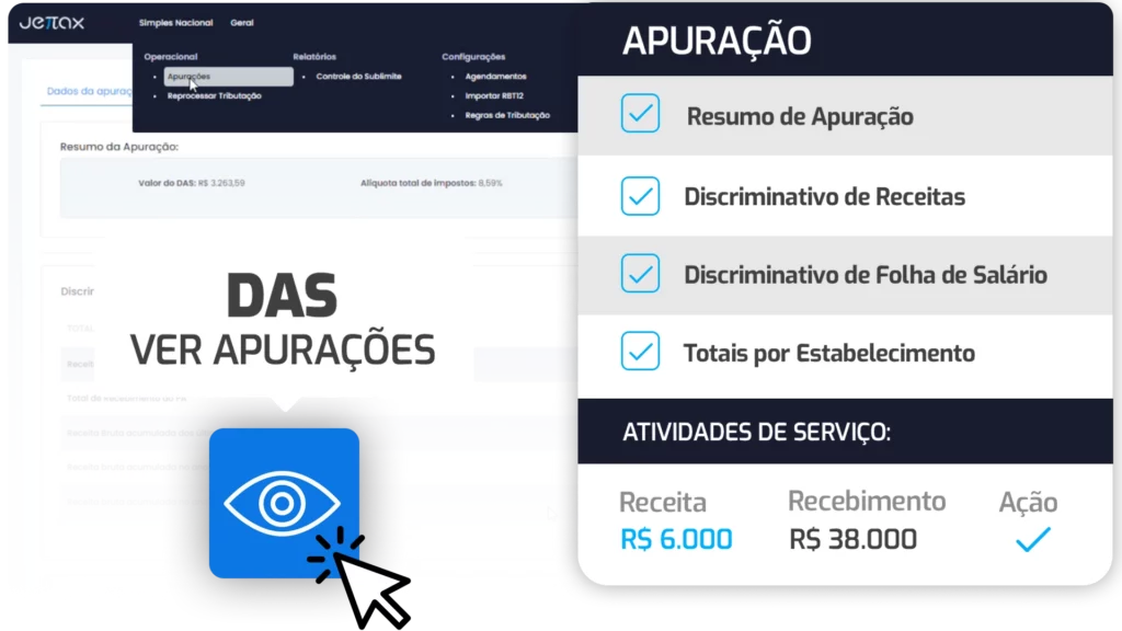 Imagem promocional com uma tela do sistema Jettax ao fundo, destacando a opção de visualizar apurações do DAS no Módulo Simples Nacional. À esquerda, aparece o