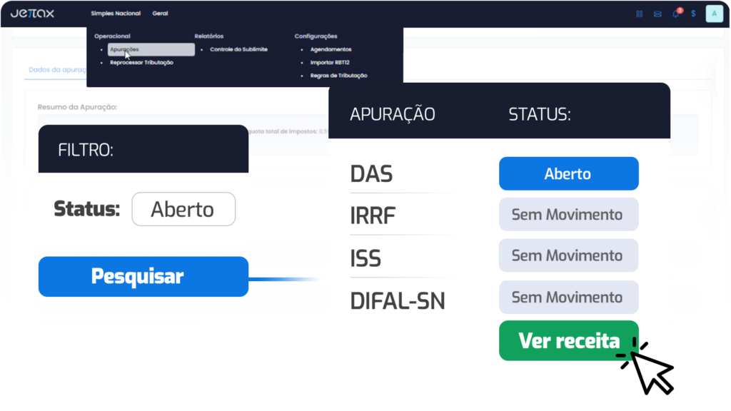 Imagem promocional com uma interface do sistema Jettax ao fundo, destacando a área de apuração do Módulo Simples Nacional. À esquerda, aparece um filtro de stat