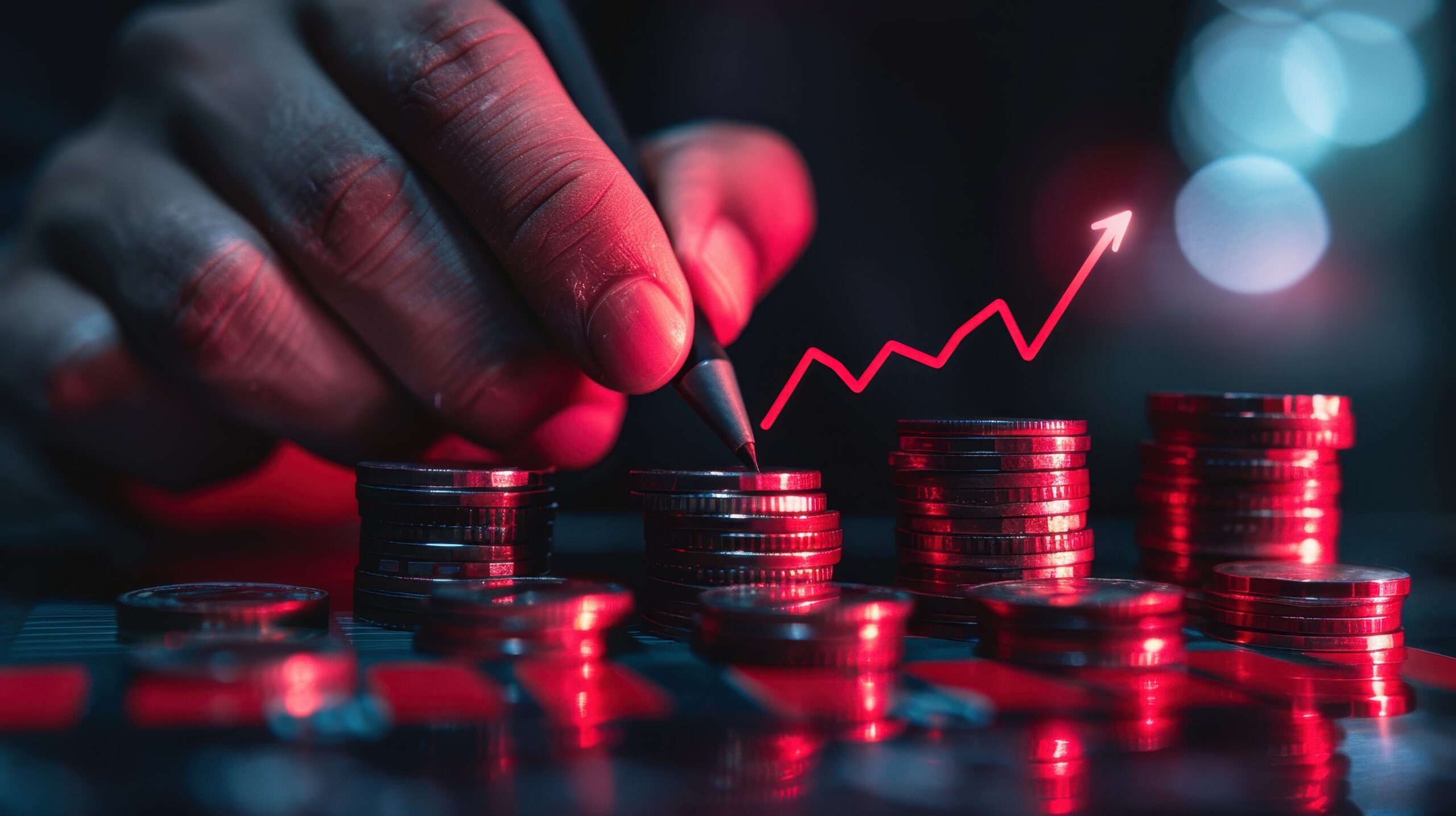 Close-up de uma mão organizando pilhas de moedas enquanto desenha um gráfico de crescimento ascendente, representando distribuição de lucros, rentabilidade, planejamento financeiro e aumento dos resultados da empresa.