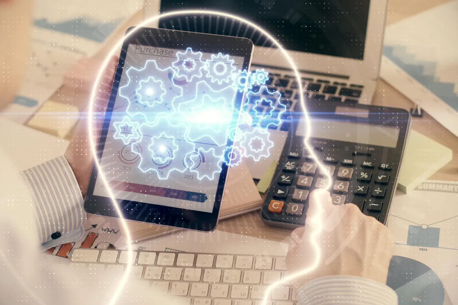 Projeção de uma inteligência artificial auxiliando o contador na gestão de tarefas contábeis com automação fiscal.