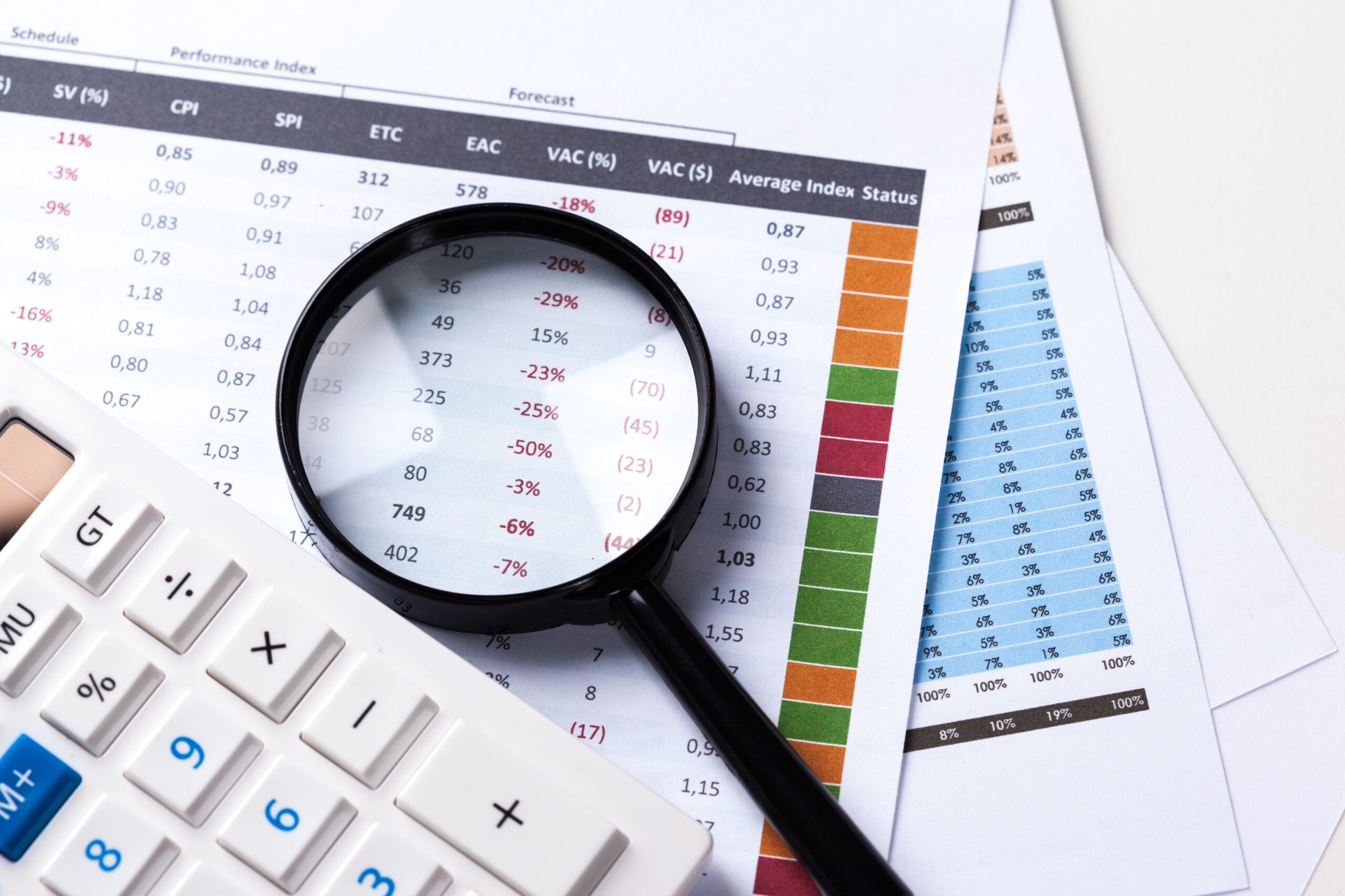 Auditoria de relatórios financeiros com lupa sobre indicadores e percentuais, ao lado de uma calculadora, representando análise de dados contábeis, gestão financeira e tomada de decisões estratégicas.