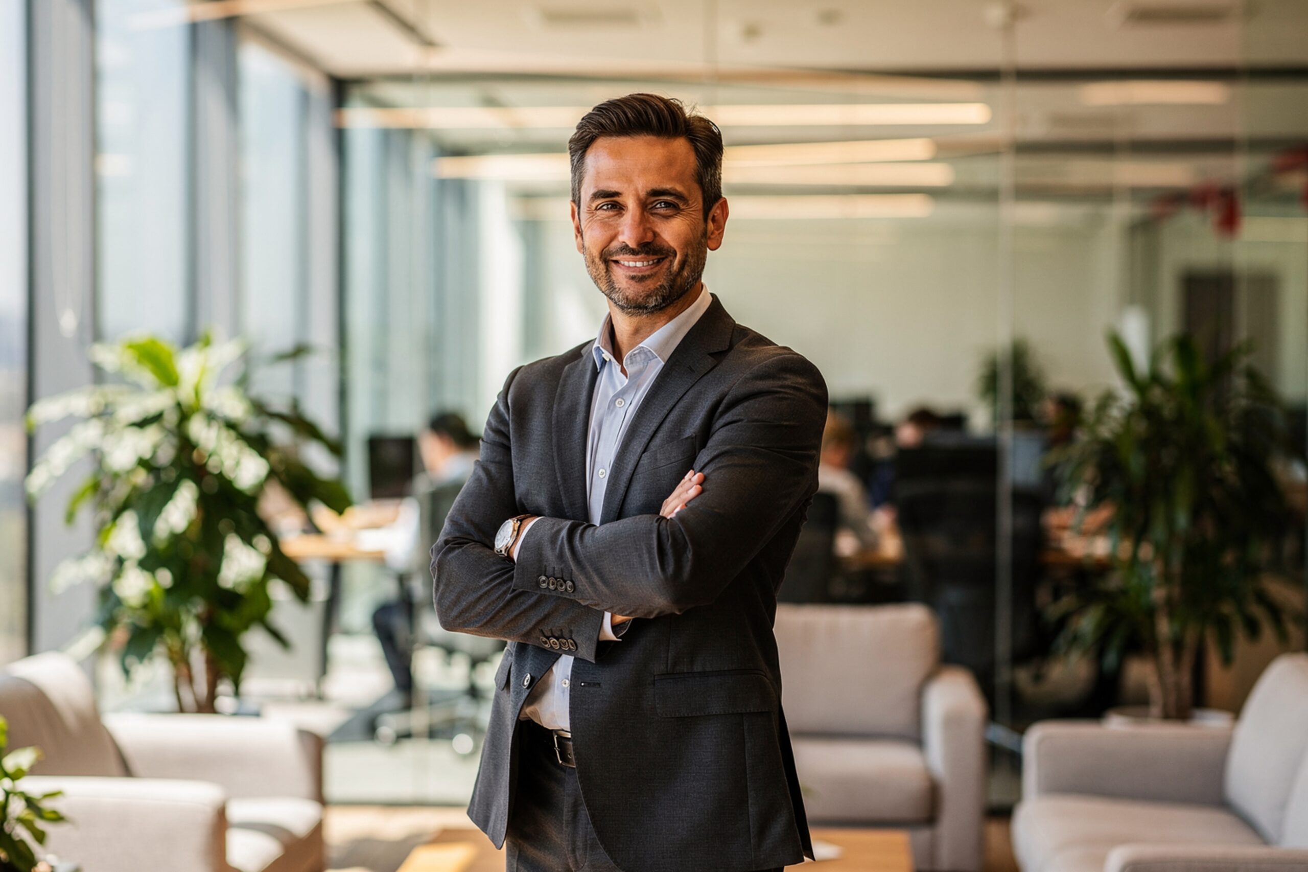 Empresário sorridente de braços cruzados em escritório moderno, com plantas e equipe ao fundo