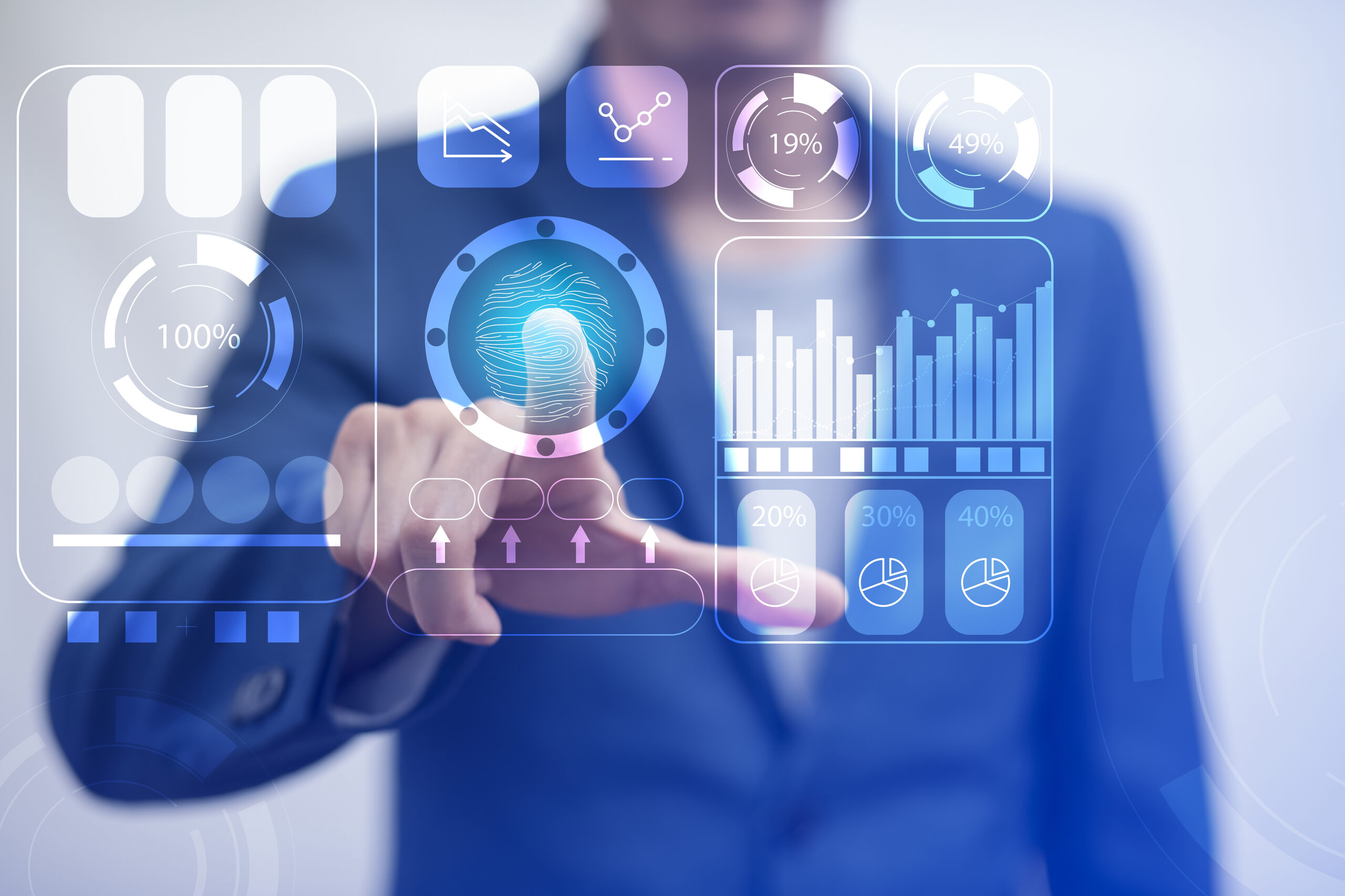 Empresário de terno azul tocando tela digital com dashboard de dados, gráficos, biometria por impressão digital e indicadores percentuais