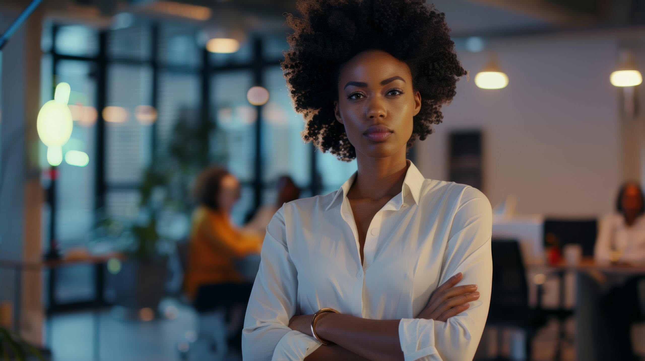 Mulher com cabelo black power, vestindo camisa branca, em pé com os braços cruzados em ambiente de escritório moderno, transmitindo confiança e liderança