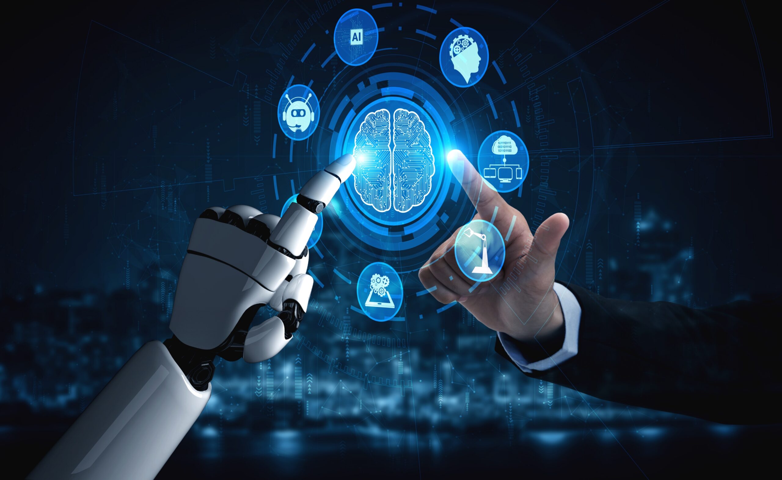 Mão robótica e mão humana tocando um cérebro digital cercado por ícones de inteligência artificial, automação e tecnologia.