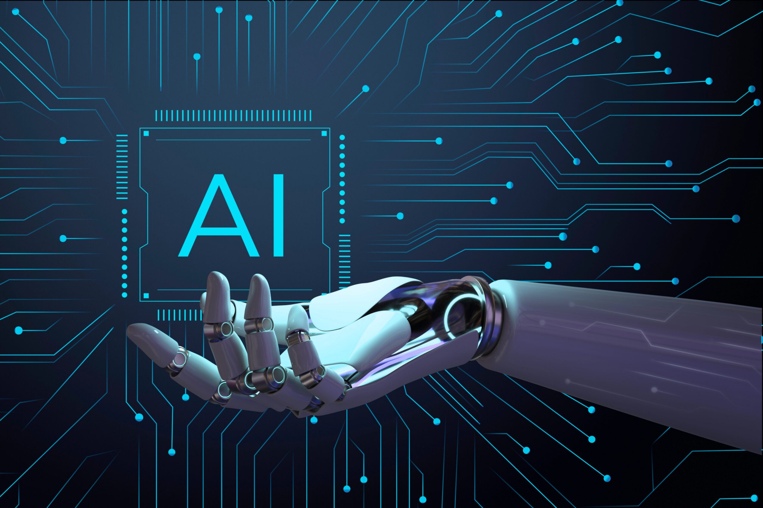 Mão robótica futurista estendida diante de um chip com o símbolo "AI" sobre fundo de circuitos digitais azuis, representando inteligência artificial.