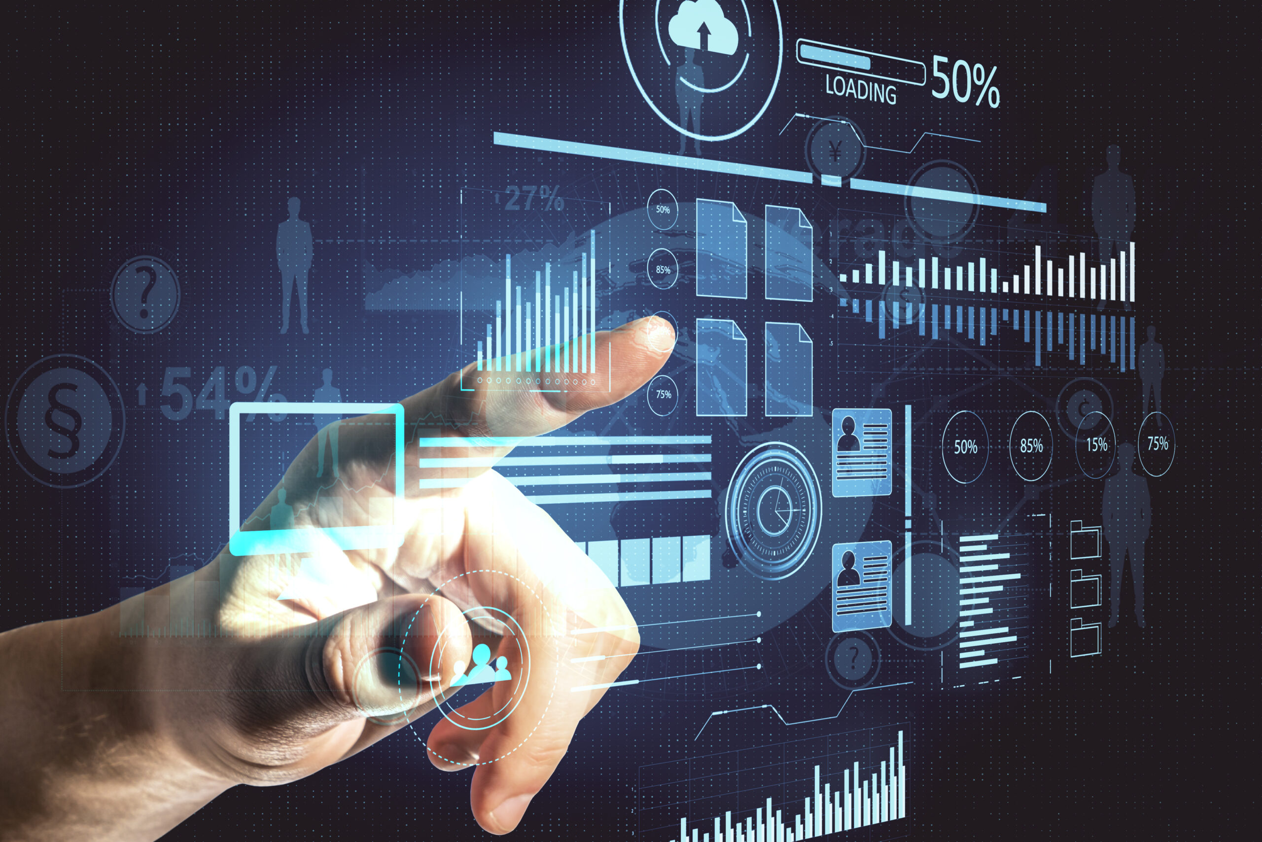 Mão tocando tela virtual com gráficos de barras, percentuais, ícones de nuvem, documentos e dados financeiros, representando gestão tecnológica e análise de indicadores empresariais