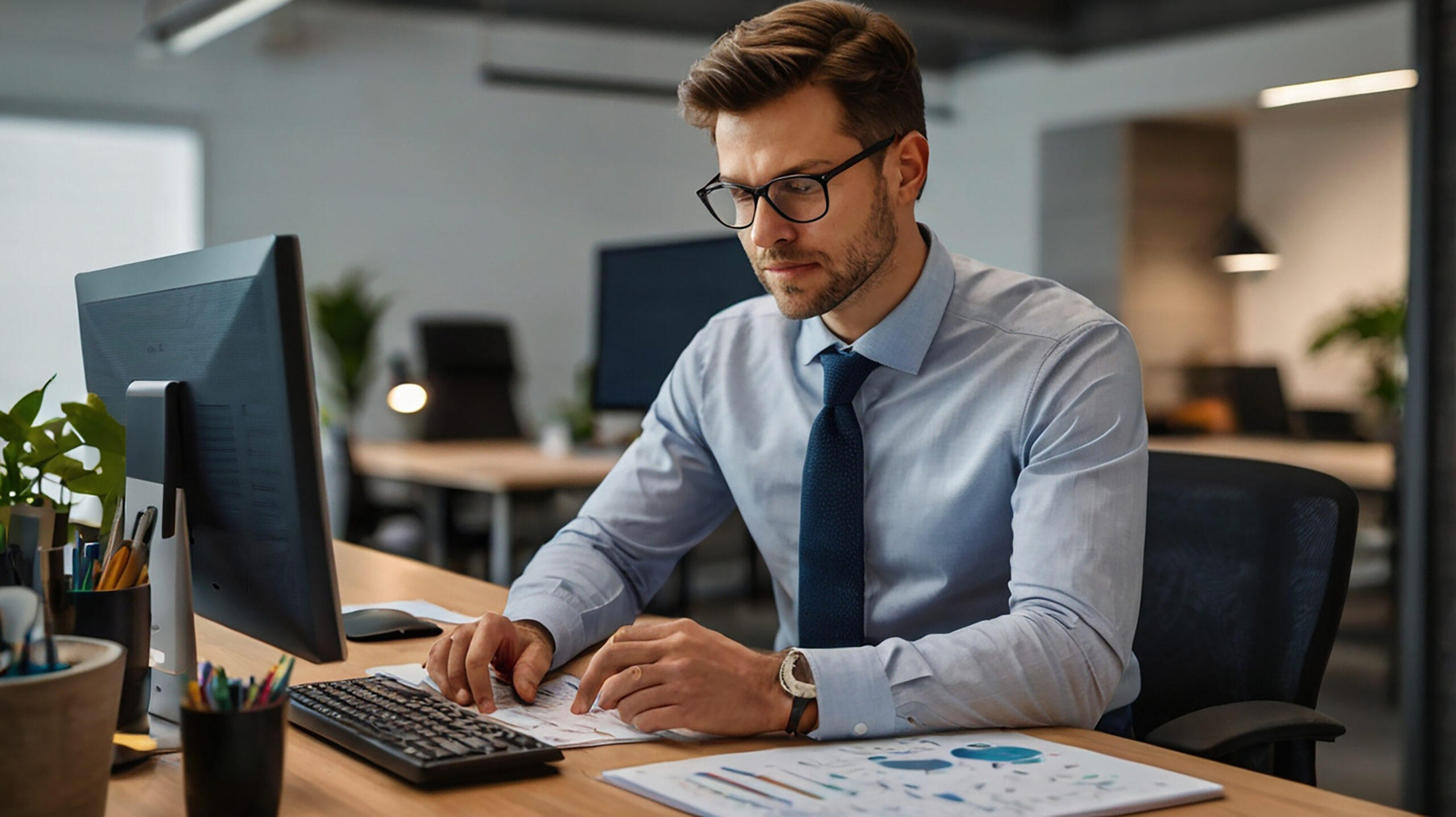 Homem de camisa social azul-clara e gravata escura, usando óculos, sentado em uma mesa de escritório digitando no teclado enquanto analisa documentos com gráficos coloridos. Ao fundo, um escritório moderno com plantas e outras estações de trabalho desfocadas.