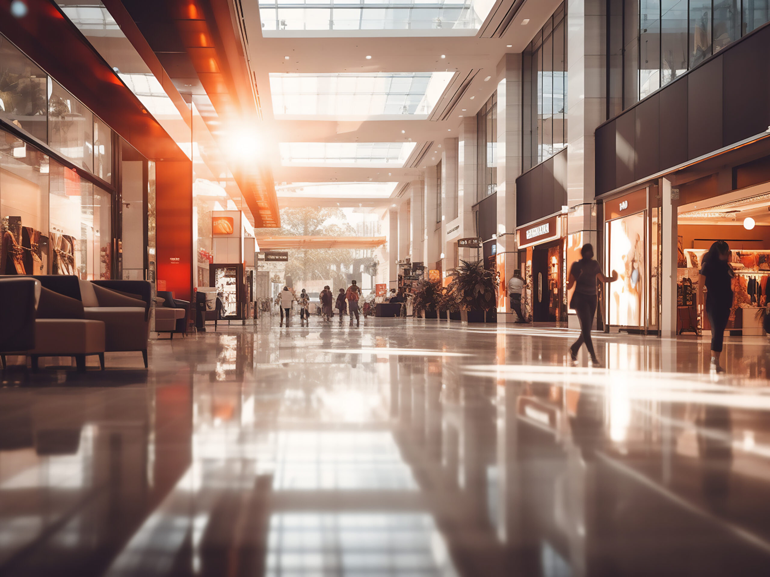 Corredor amplo de shopping center com lojas dos dois lados, piso polido que reflete a luz e pessoas caminhando ao fundo