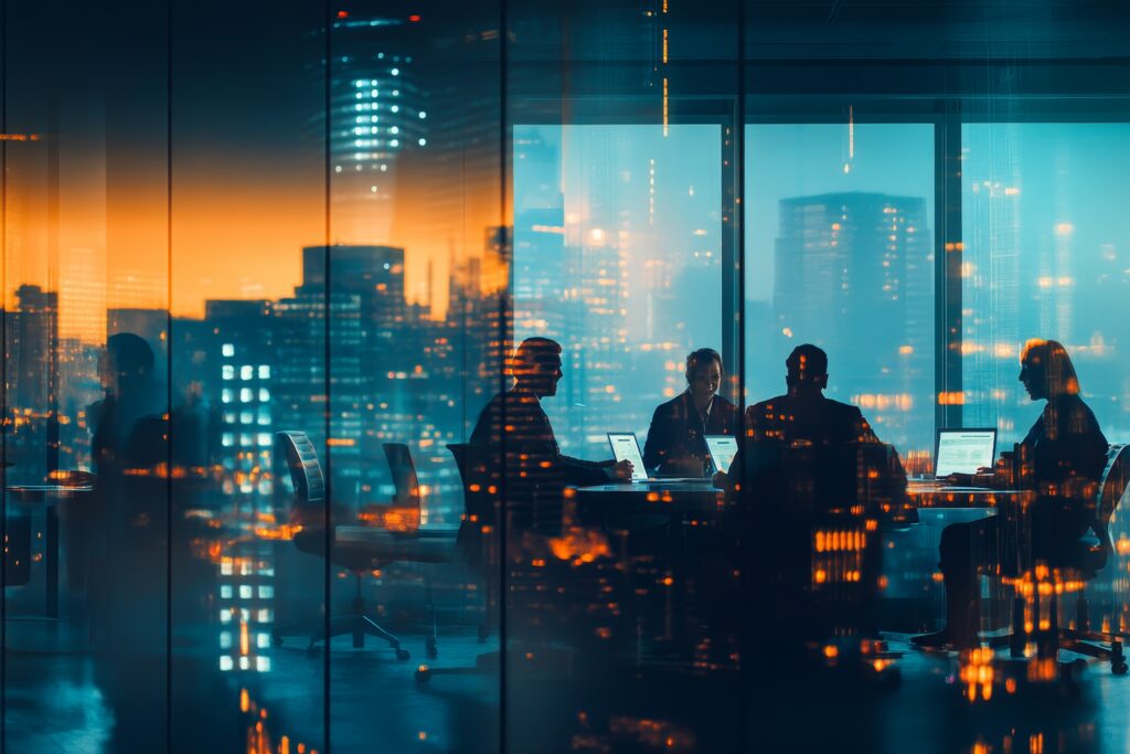 Silhuetas de profissionais em reunião ao redor de uma mesa com notebooks, em um escritório envidraçado, com reflexos de prédios iluminados da cidade à noite.