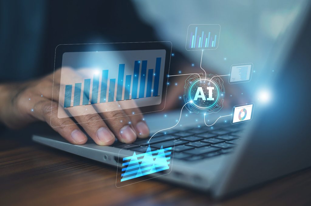Mão digitando em um notebook com gráficos digitais e um ícone de IA projetados sobre o teclado, ilustrando o uso de inteligência artificial na contabilidade.