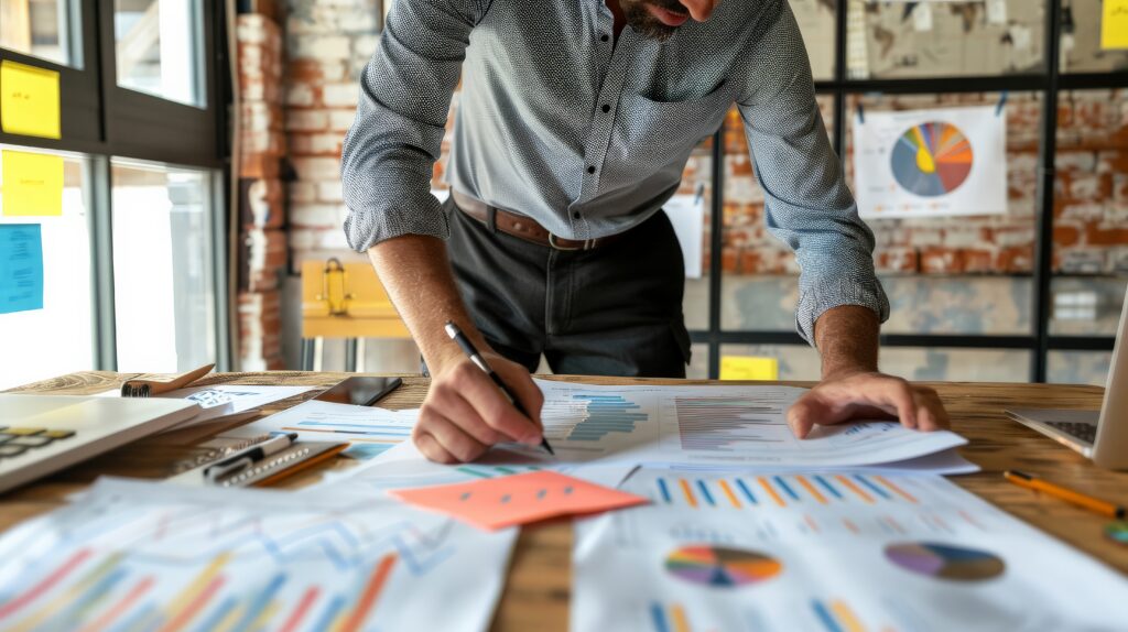 Profissional analisando gráficos de barras e de pizza impressos sobre mesa de madeira, com post-its e relatórios ao redor.